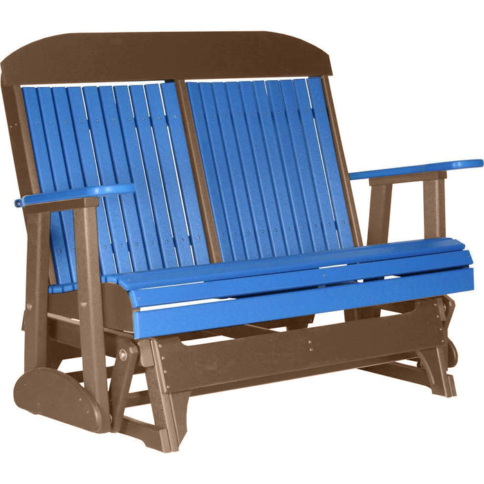 LuxCraft LuxCraft Blue 4 ft. Recycled Plastic Highback Outdoor Glider Bench Blue on Chestnut Brown Highback Glider 4CPGBCBR