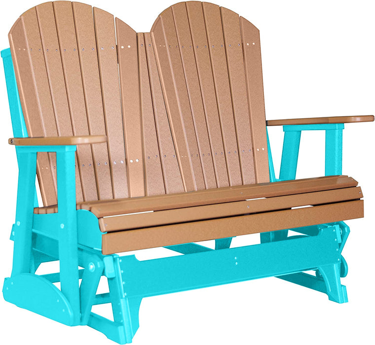 LuxCraft LuxCraft Cedar 4 ft. Recycled Plastic Adirondack Outdoor Glider With Cup Holder Cedar on Aruba Blue Adirondack Glider 4APGCAB-CH