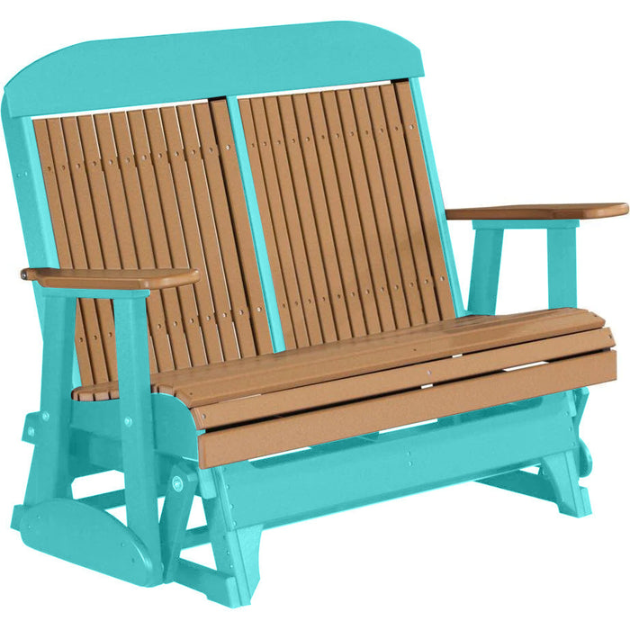 LuxCraft LuxCraft Cedar 4 ft. Recycled Plastic Highback Outdoor Glider Bench Cedar on Aruba Blue Highback Glider 4CPGCAB