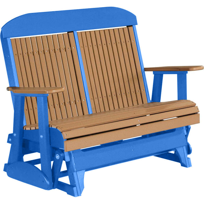 LuxCraft LuxCraft Cedar 4 ft. Recycled Plastic Highback Outdoor Glider Bench Cedar on Blue Highback Glider 4CPGCBL