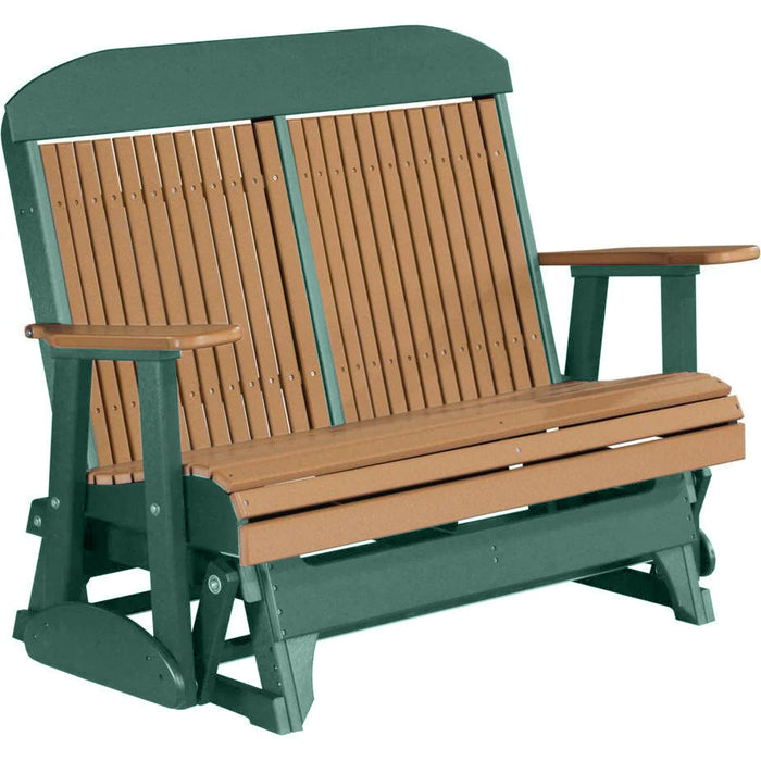 LuxCraft LuxCraft Cedar 4 ft. Recycled Plastic Highback Outdoor Glider Bench With Cup Holder Cedar on Green Highback Glider 4CPGCG-CH