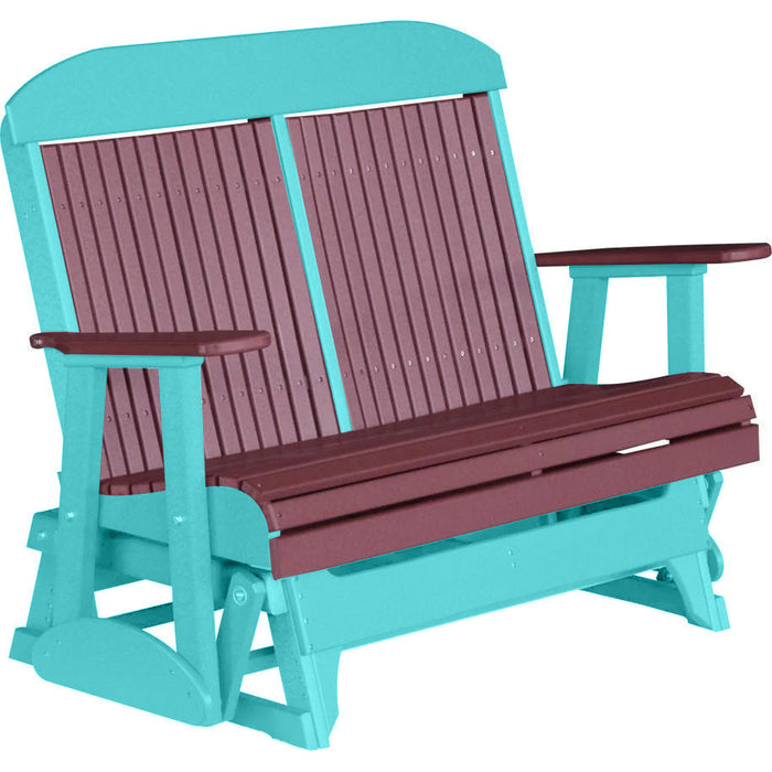 LuxCraft LuxCraft Cherry wood 4 ft. Recycled Plastic Highback Outdoor Glider Bench Cherrywood on Aruba Blue Highback Glider 4CPGCWAB