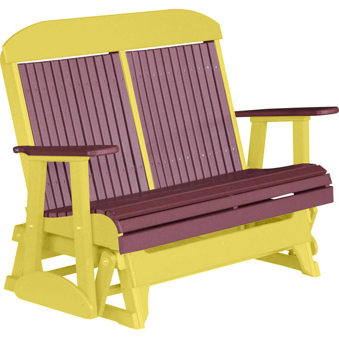 LuxCraft LuxCraft Cherry wood 4 ft. Recycled Plastic Highback Outdoor Glider Bench With Cup Holder Cherrywood on Yellow Highback Glider 4CPGCWY-CH