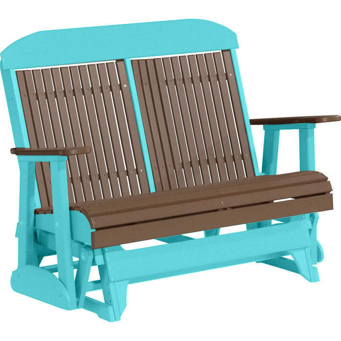 LuxCraft LuxCraft Chestnut Brown 4 ft. Recycled Plastic Highback Outdoor Glider Bench Chestnut Brown on Aruba Blue Highback Glider 4CPGCBRAB