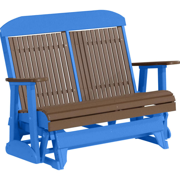 LuxCraft LuxCraft Chestnut Brown 4 ft. Recycled Plastic Highback Outdoor Glider Bench Chestnut Brown on Blue Highback Glider 4CPGCBRBL