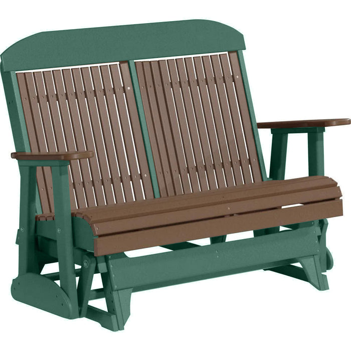 LuxCraft LuxCraft Chestnut Brown 4 ft. Recycled Plastic Highback Outdoor Glider Bench Chestnut Brown on Green Highback Glider 4CPGCBRG