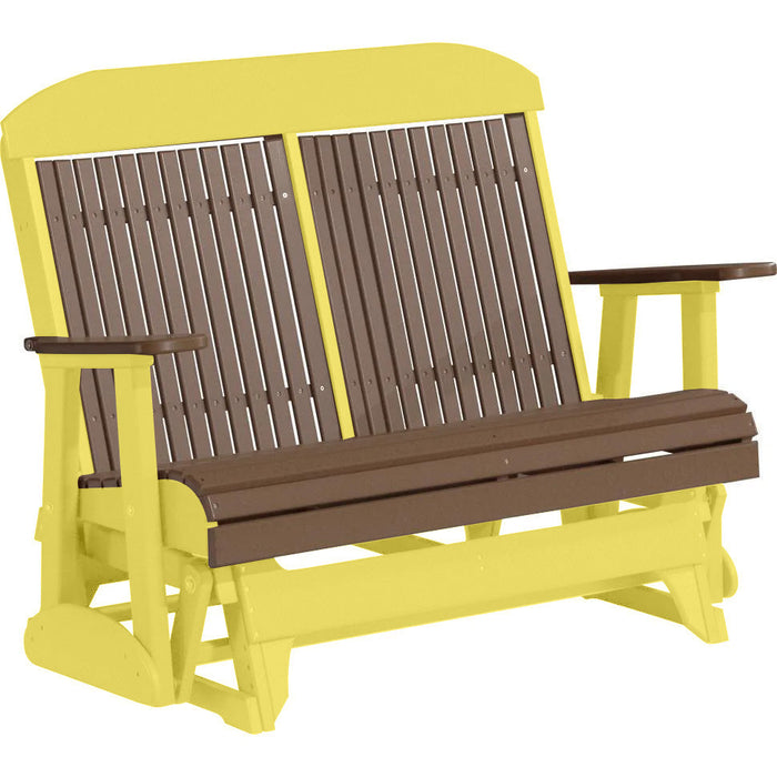 LuxCraft LuxCraft Chestnut Brown 4 ft. Recycled Plastic Highback Outdoor Glider Bench Chestnut Brown on Yellow Highback Glider 4CPGCBRY