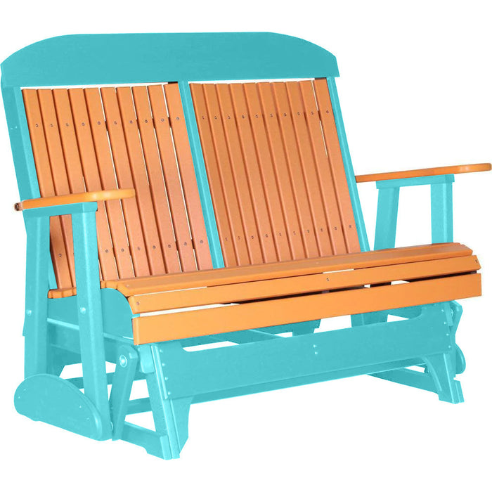 LuxCraft LuxCraft Tangerine 4 ft. Recycled Plastic Highback Outdoor Glider Bench Tangerine on Aruba Blue Highback Glider 4CPGTAB