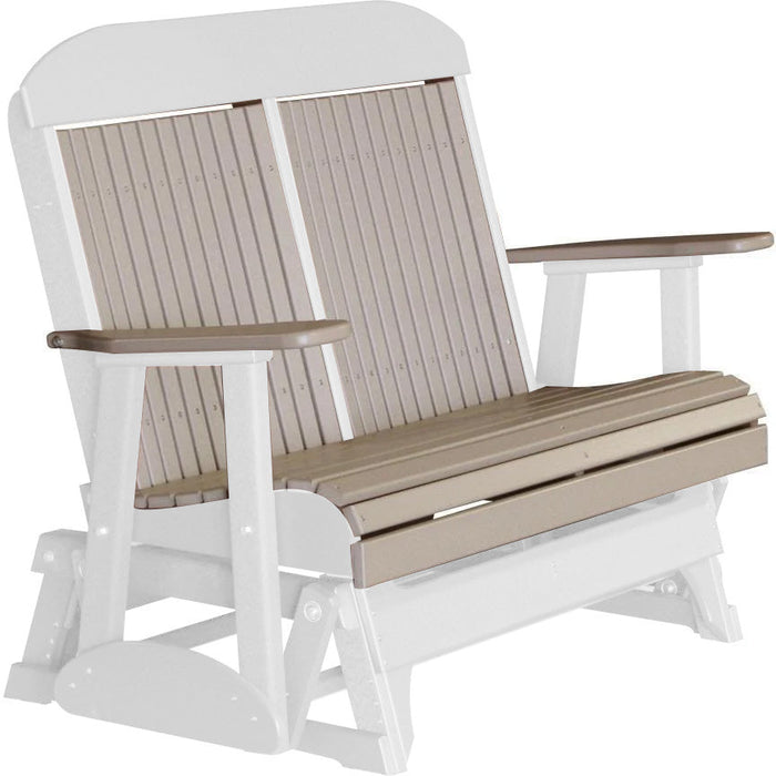 LuxCraft LuxCraft Weatherwood 4 ft. Recycled Plastic Highback Outdoor Glider Bench With Cup Holder Weatherwood on White Highback Glider 4CPGWWWH-CH