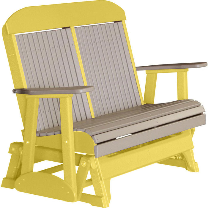 LuxCraft LuxCraft Weatherwood 4 ft. Recycled Plastic Highback Outdoor Glider Bench With Cup Holder Weatherwood on Yellow Highback Glider 4CPGWWY-CH