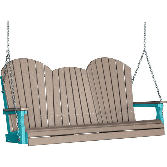 LuxCraft LuxCraft Weatherwood Adirondack 5ft. Recycled Plastic Porch Swing With Cup Holder Weatherwood on Aruba Blue / Adirondack Porch Swing Porch Swing