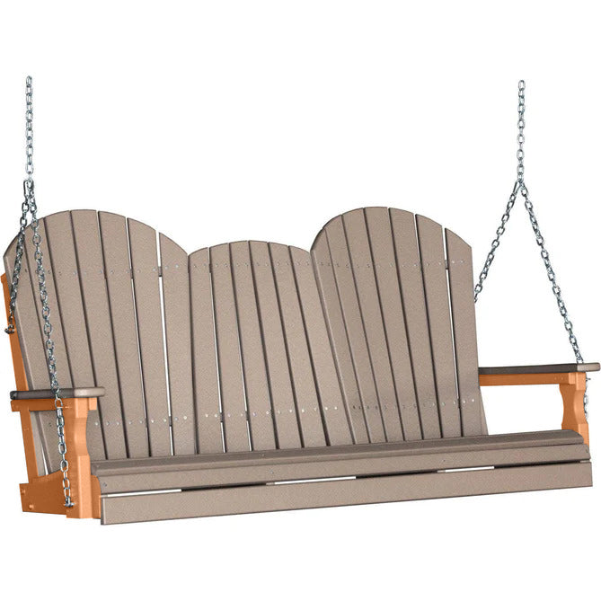 LuxCraft LuxCraft Weatherwood Adirondack 5ft. Recycled Plastic Porch Swing With Cup Holder Weatherwood on Tangerine / Adirondack Porch Swing Porch Swing 5APSWWT-CH