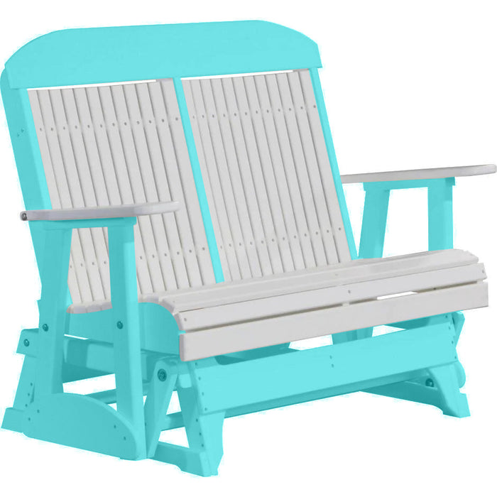 LuxCraft LuxCraft White 4 ft. Recycled Plastic Highback Outdoor Glider Bench White on Aruba Blue Highback Glider 4CPGWAB