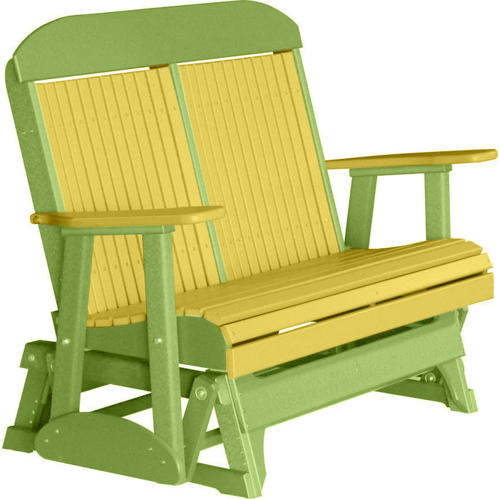 LuxCraft LuxCraft Yellow 4 ft. Recycled Plastic Highback Outdoor Glider Bench With Cup Holder Yellow on Lime Green Highback Glider 4CPGYLG-CH