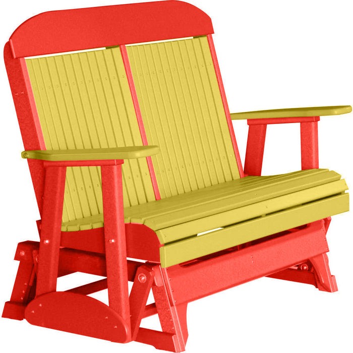 LuxCraft LuxCraft Yellow 4 ft. Recycled Plastic Highback Outdoor Glider Bench With Cup Holder Yellow on Red Highback Glider 4CPGYR-CH