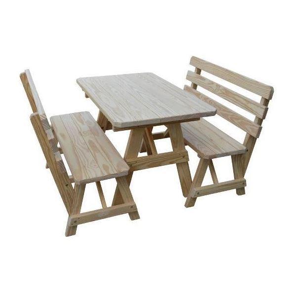 A & L Furniture A & L Furniture Yellow Pine Table w/2 Backed Benches Unfinished Table & Benches