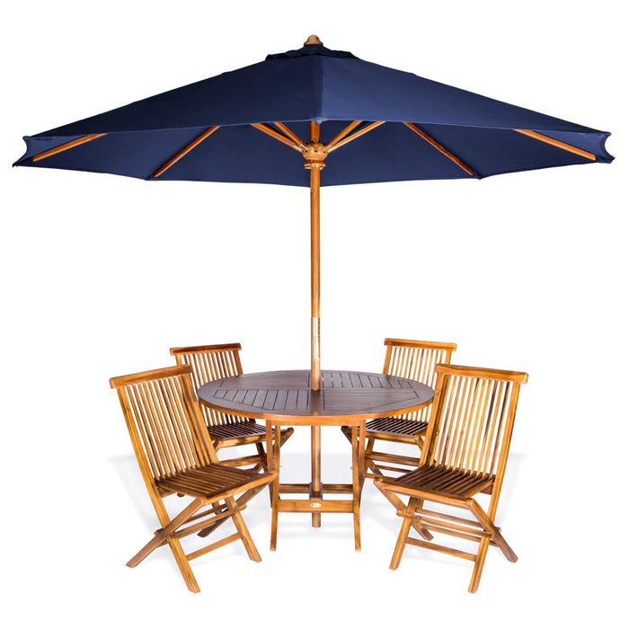 All Things Cedar All Things Cedar 6-Piece 4-ft Teak Round Folding Table Set with Blue Umbrella Blue Tables TT6P-R-B 842088029616