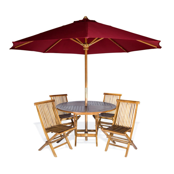 All Things Cedar All Things Cedar 6-Piece 4-ft Teak Round Folding Table Set with Blue Umbrella Red Tables TT6P-R-R 842088029630