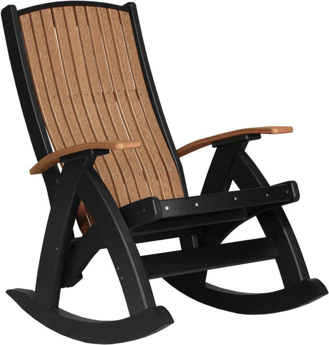 LuxCraft LuxCraft Antique Mahogany Recycled Plastic Comfort Porch Rocking Chair With Cup Holder Antique Mahogany on Black Rocking Chair PCRAMB