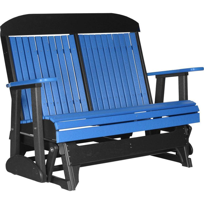 LuxCraft LuxCraft Blue 4 ft. Recycled Plastic Highback Outdoor Glider Bench With Cup Holder Blue On Black Highback Glider 4CPGBB