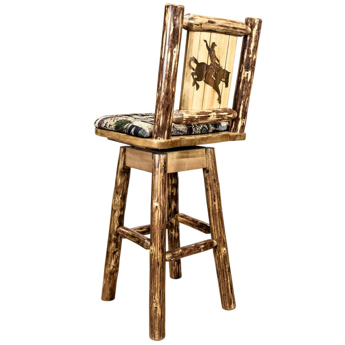 Montana Woodworks Glacier Country Counter Height Barstool Back & Swivel Woodland Upholstery w/ Laser Engraved Design Stained & Lacquered / Bronc Dining, Kitchen, Game Room, Bar MWGCBSWSNRWOOD24LZBRONC 661890466460