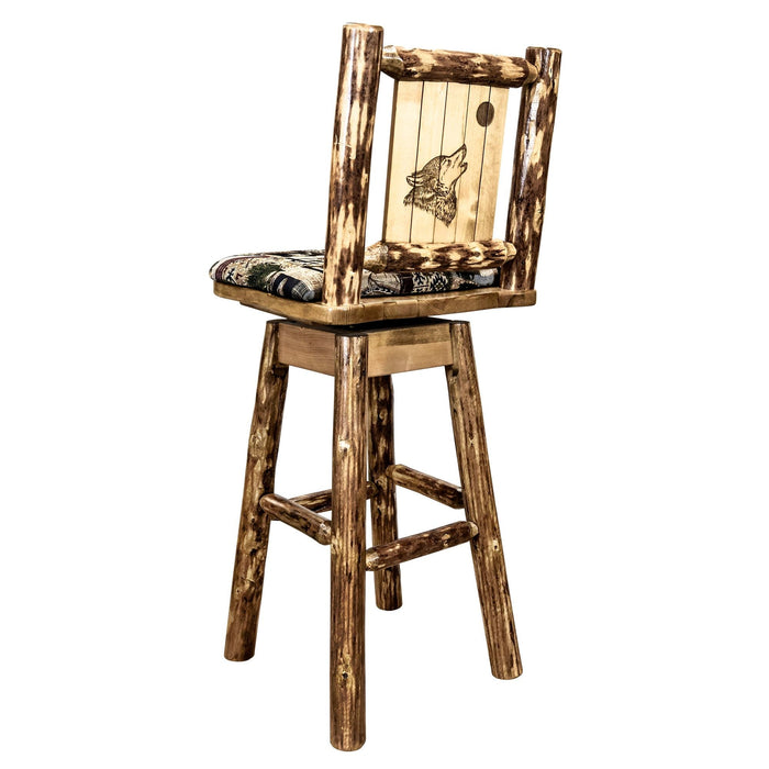 Montana Woodworks Glacier Country Counter Height Barstool Back & Swivel Woodland Upholstery w/ Laser Engraved Design Stained & Lacquered / Wolf Dining, Kitchen, Game Room, Bar MWGCBSWSNRWOOD24LZWOLF 661890466705