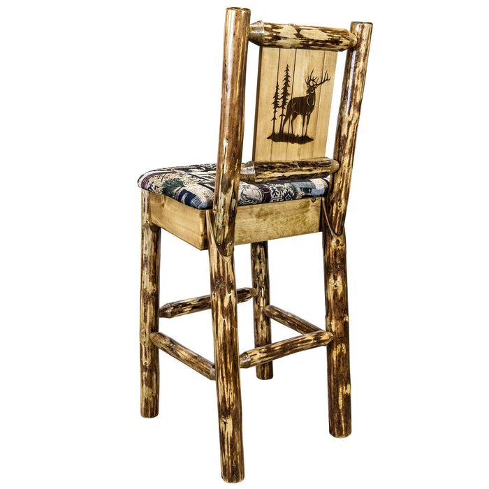 Montana Woodworks Glacier Country Counter Height Barstool Back Woodland Upholstery w/ Laser Engraved Design Elk Dining, Kitchen, Game Room, Bar MWGCBSWNR24WOODLZELK 661890466163