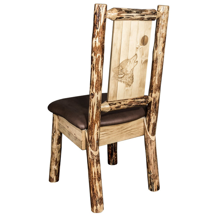 Montana Woodworks Glacier Country Side Chair - Saddle Upholstery w/ Laser Engraved Design Stained & Lacquered / Wolf Dining, Kitchen, Home Office MWGCKSCNSADDLZWOLF 661890426990