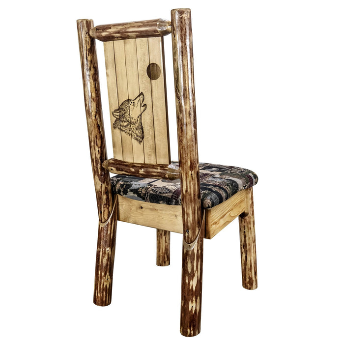 Montana Woodworks Glacier Country Side Chair - Woodland Upholstery w/ Laser Engraved Design Stained & Lacquered / Wolf Dining, Kitchen, Home Office MWGCKSCNWOODLZWOLF 661890467542