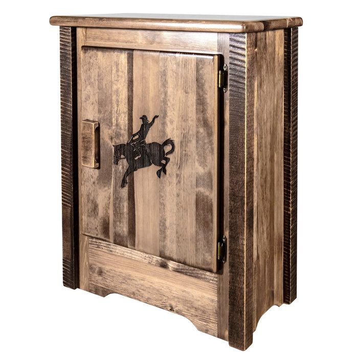 Montana Woodworks Homestead Accent Cabinet w/ Laser Engraved Design Right Hinged Stained & Lacquered / Bronc Living Area, Entry, Study, Home Office MWHCACCCABRHSLLZBRONC 661890460628