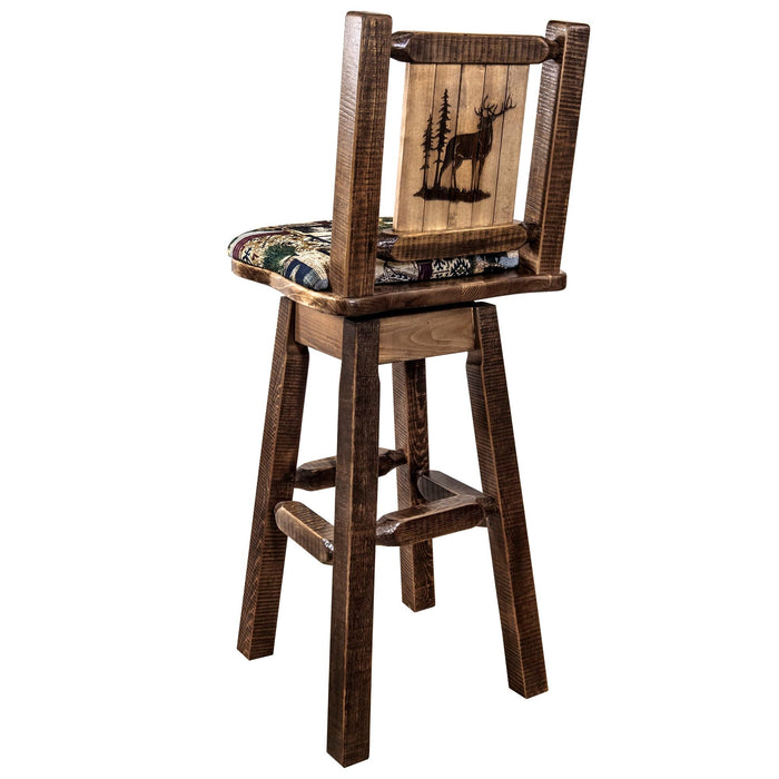 Montana Woodworks Homestead Barstool Back & Swivel Woodland Pattern Upholstery w/ Laser Engraved Design Stained & Lacquered / Elk Dining, Kitchen, Game Room, Bar MWHCBSWSNRSLWOODLZELK 661890464879