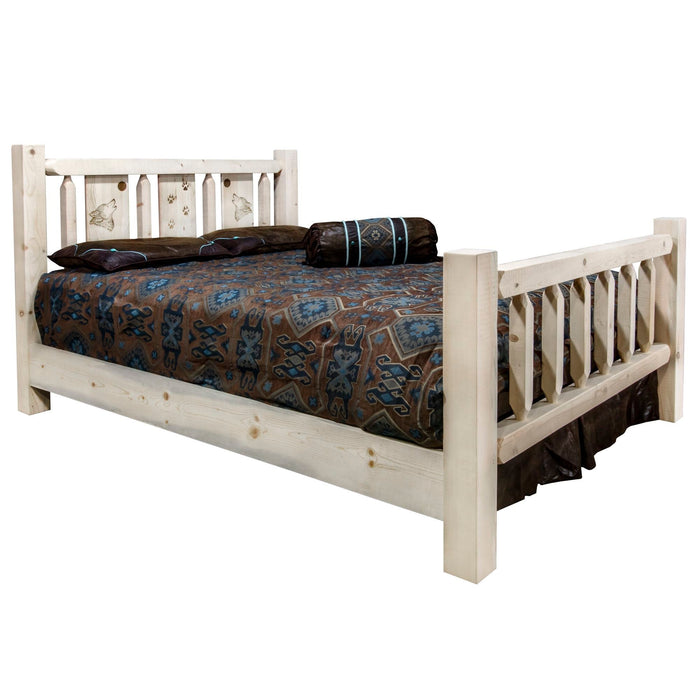 Montana Woodworks Homestead Bed w/ Laser Engraved Design Clear Lacquer Finish Wolf / California King Beds MWHCCAKBVLZWOLF 661890432113