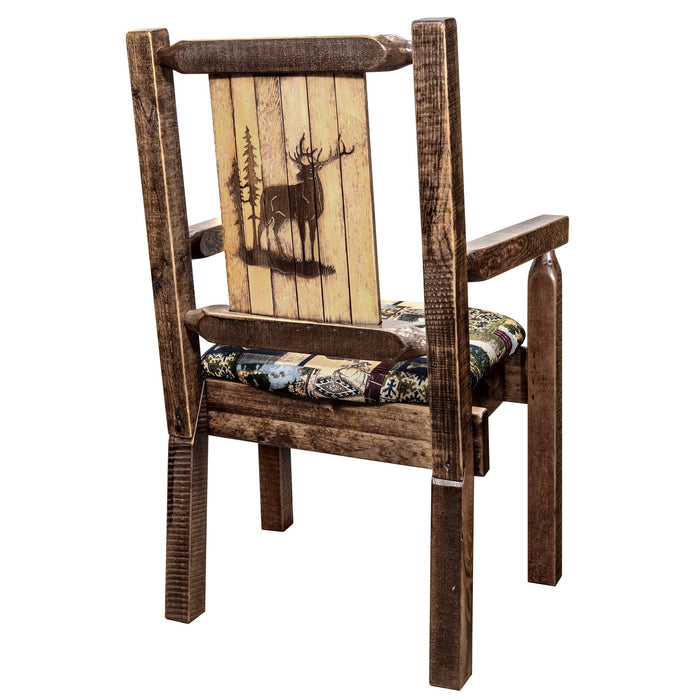 Montana Woodworks Homestead Captain's Chair Woodland Upholstery w/ Laser Engraved Design Stained & Lacquered / Elk Dining, Kitchen, Home Office MWHCCASCNSLWOODLZELK 661890466972