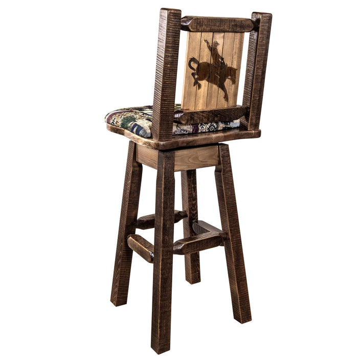 Montana Woodworks Homestead Counter Height Barstool Back & Swivel Woodland Upholstery w/ Laser Engraved Design Stained & Lacquered / Bronc Dining, Kitchen, Game Room, Bar MWHCBSWSNRSLWOOD24LZBRONC 661890466491