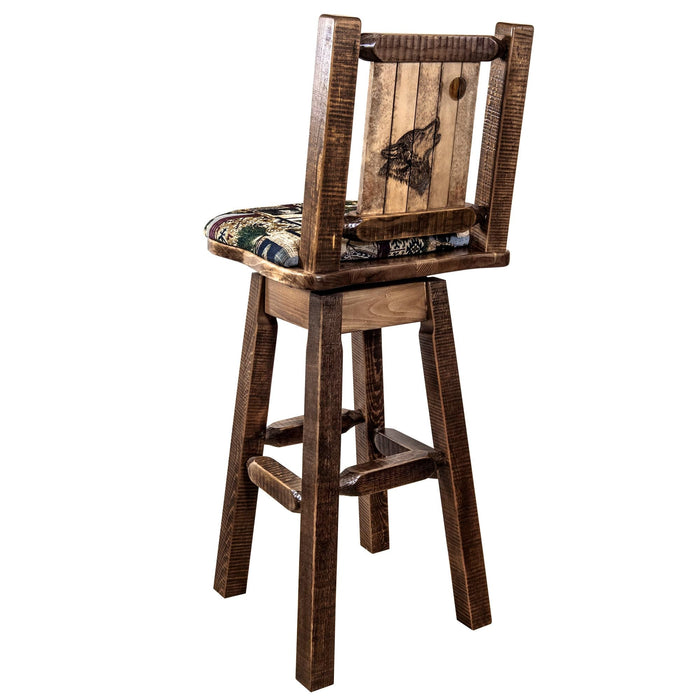 Montana Woodworks Homestead Counter Height Barstool Back & Swivel Woodland Upholstery w/ Laser Engraved Design Stained & Lacquered / Wolf Dining, Kitchen, Game Room, Bar MWHCBSWSNRSLWOOD24LZWOLF 661890466736