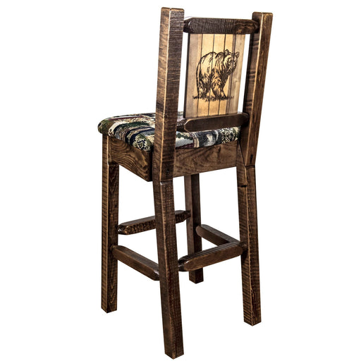 Montana Woodworks Homestead Counter Height Barstool Back Woodland Upholstery w/ Laser Engraved Design Bear Dining, Kitchen, Game Room, Bar MWHCBSWNRSL24WOODLZBEAR 661890466071