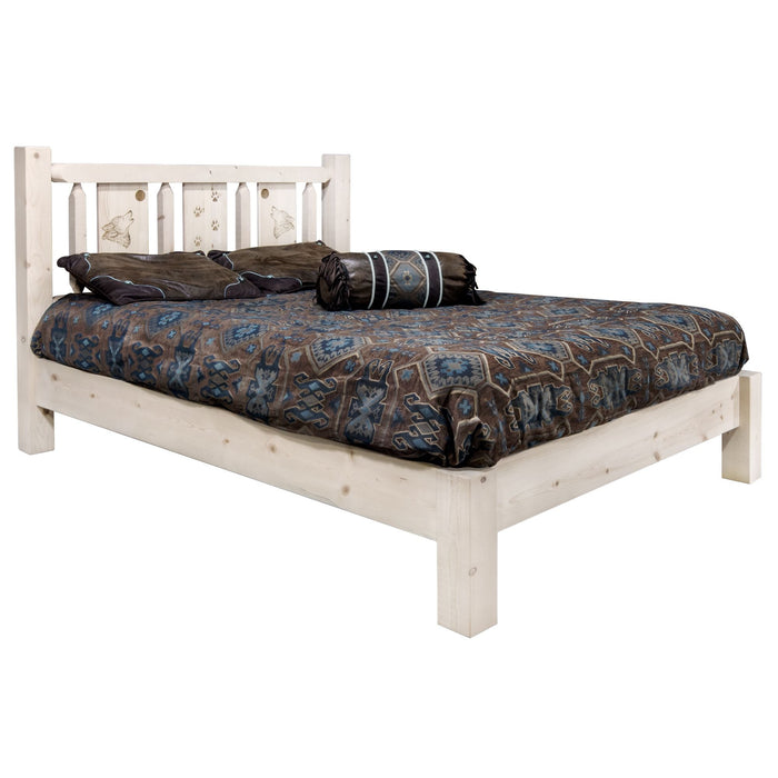 Montana Woodworks Homestead Platform Bed w/ Laser Engraved Design Clear Lacquer Finish Wolf / Queen Beds MWHCPBQVLZWOLF 661890434995