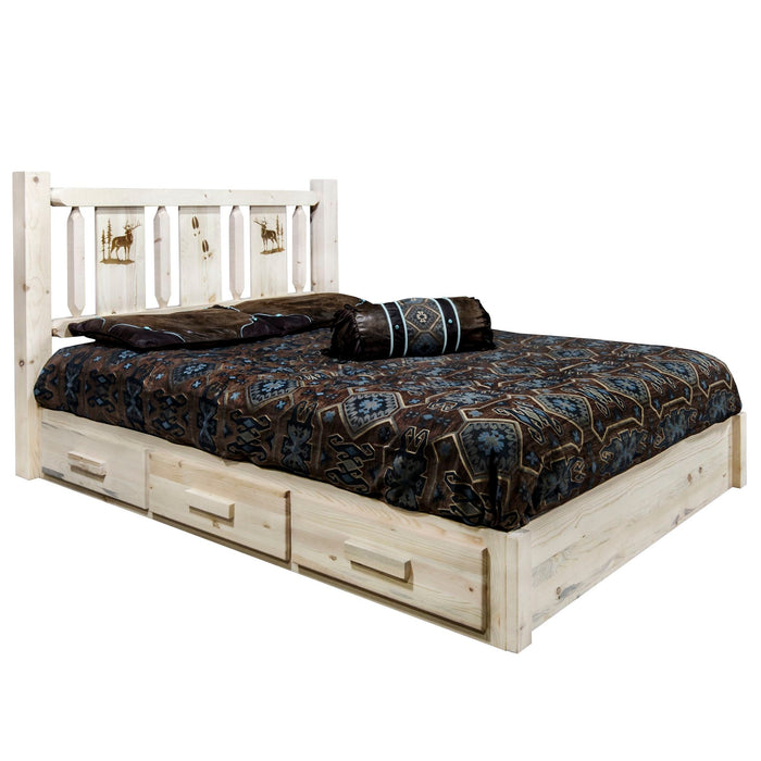 Montana Woodworks Homestead Platform Bed w/ Storage Laser Engraved Bear Design Clear Lacquer Finish Elk / Full Beds MWHCSBPFVLZELK 661890436258