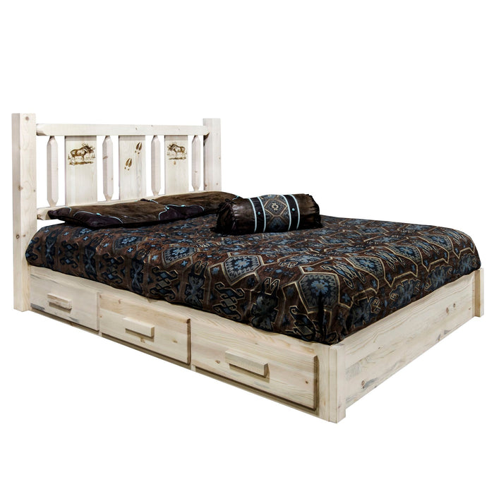 Montana Woodworks Homestead Platform Bed w/ Storage Laser Engraved Bear Design Clear Lacquer Finish Moose / Full Beds MWHCSBPFVLZMOOSE 661890436319