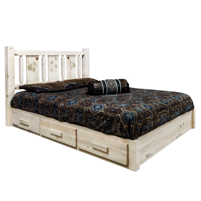 Montana Woodworks Homestead Platform Bed w/ Storage Laser Engraved Bear Design Clear Lacquer Finish Wolf / Queen Beds MWHCSBPQVLZWOLF 661890436791