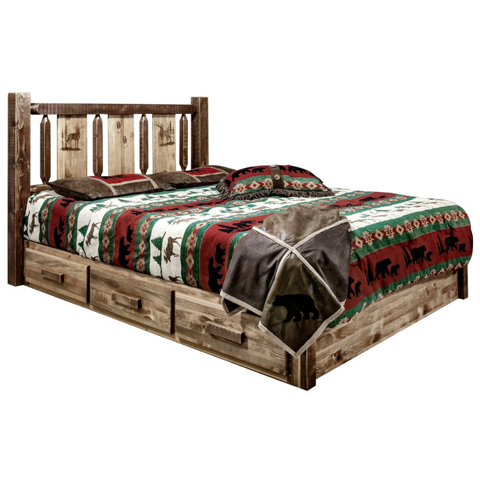 Montana Woodworks Homestead Platform Bed w/ Storage Laser Engraved Design Stain & Clear Lacquer Finish Elk / Twin Beds MWHCSBPTSLLZELK 661890435909