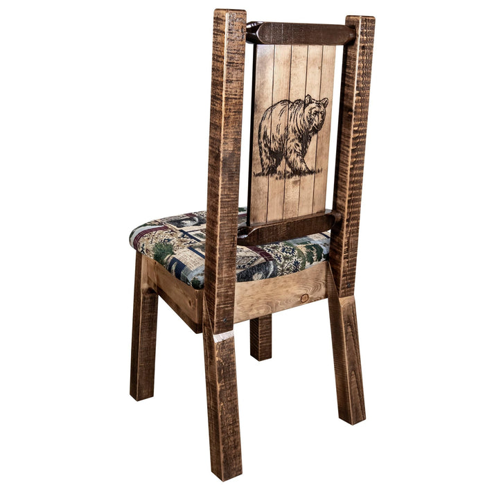 Montana Woodworks Homestead Side Chair - Woodland Upholstery w/ Laser Engraved Design Stained & Lacquered / Bear Dining, Kitchen, Home Office MWHCKSCNSLWOODLZBEAR 661890467276