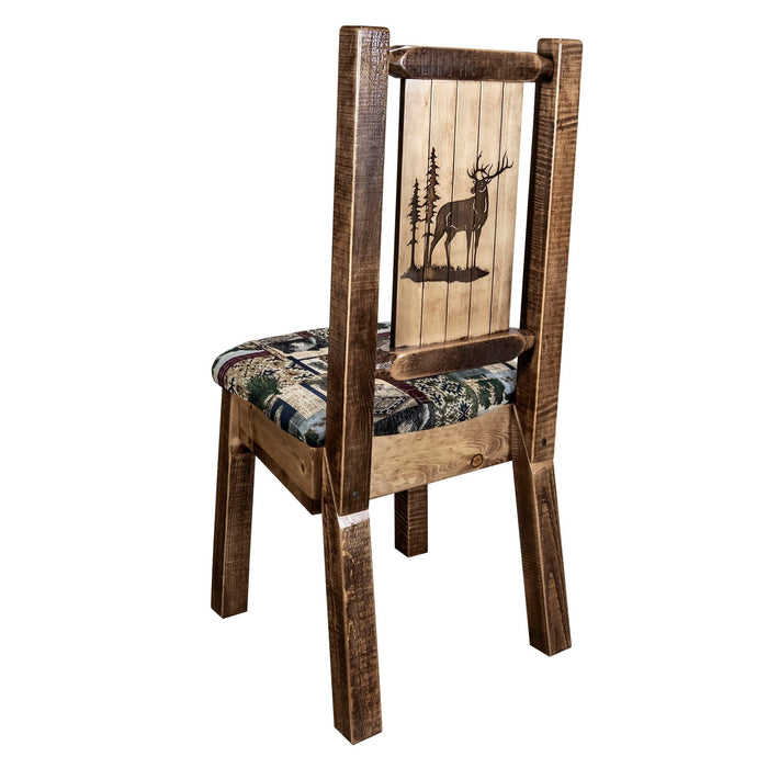 Montana Woodworks Homestead Side Chair - Woodland Upholstery w/ Laser Engraved Design Stained & Lacquered / Elk Dining, Kitchen, Home Office MWHCKSCNSLWOODLZELK 661890467399