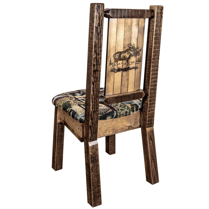 Montana Woodworks Homestead Side Chair - Woodland Upholstery w/ Laser Engraved Design Stained & Lacquered / Moose Dining, Kitchen, Home Office MWHCKSCNSLWOODLZMOOSE 661890467450