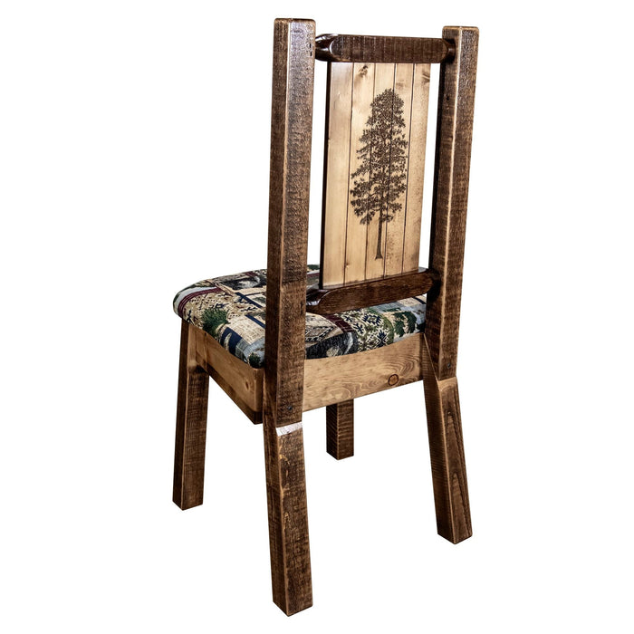 Montana Woodworks Homestead Side Chair - Woodland Upholstery w/ Laser Engraved Design Stained & Lacquered / Pine Dining, Kitchen, Home Office MWHCKSCNSLWOODLZPINE 661890467511