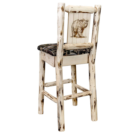 Montana Woodworks Montana Barstool Back Woodland Upholstery w/ Laser Engraved Design Ready to Finish Ready to Finish / Bear Dining, Kitchen, Game Room, Bar MWBSWNRWOODLZBEAR 661890464343