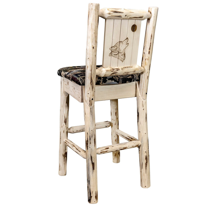 Montana Woodworks Montana Barstool Back Woodland Upholstery w/ Laser Engraved Design Ready to Finish Ready to Finish / Wolf Dining, Kitchen, Game Room, Bar MWBSWNRWOODLZWOLF 661890464640