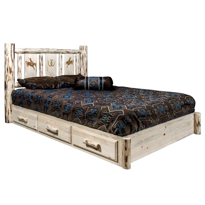 Montana Woodworks Montana Platform Bed w/ Storage Laser Engraved Design Clear Lacquer Finish Bronc / Full Beds MWSBPFVLZBRONC 661890436166