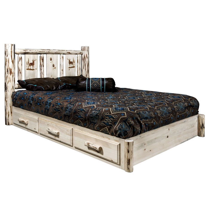 Montana Woodworks Montana Platform Bed w/ Storage Laser Engraved Design Clear Lacquer Finish Elk / King Beds MWSBPKVLZELK 661890436944