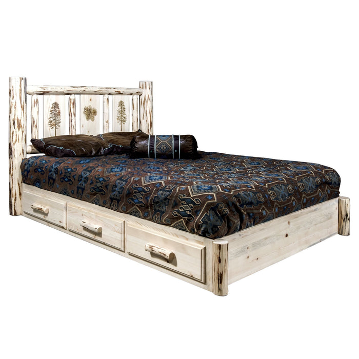 Montana Woodworks Montana Platform Bed w/ Storage Laser Engraved Design Clear Lacquer Finish Pine Tree / Queen Beds MWSBPQVLZPINE 661890436708